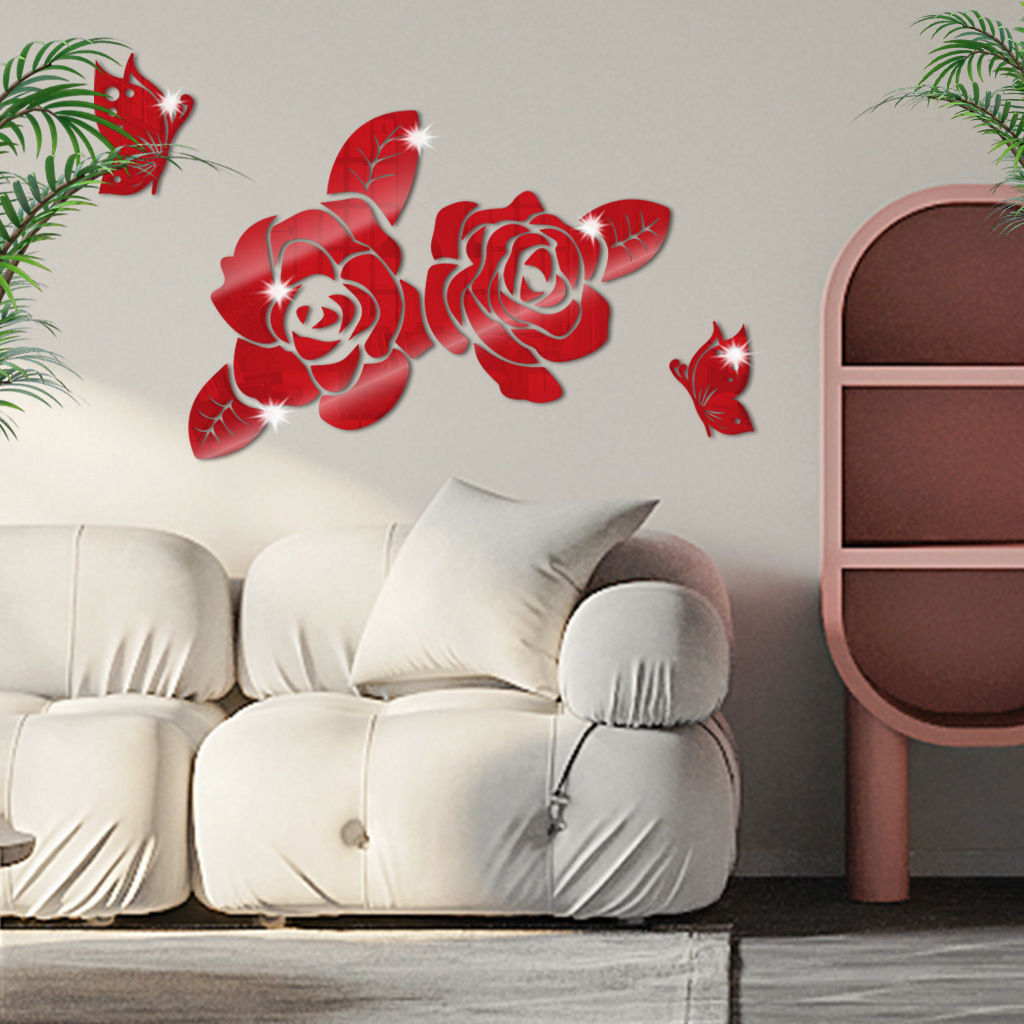 Wholesale Custom Removable 1MM Rose Butterflies 3D Acrylic Mirror Decorative Wall Sticker For Bedroom