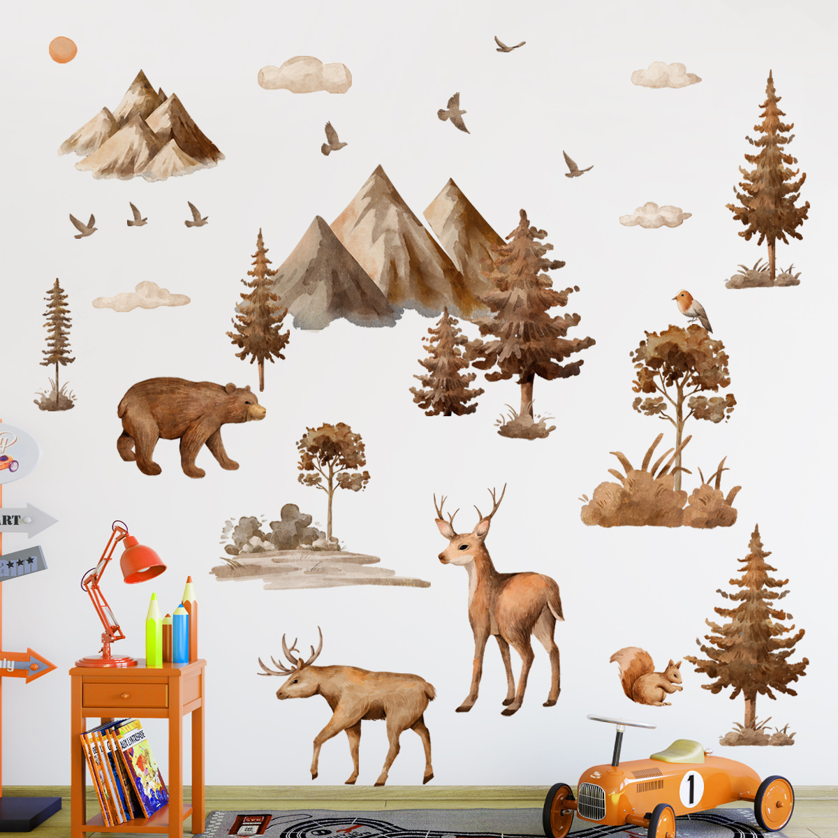 Wholesale Custom Wall Stickers PVC Realistic Mountain Forest Bear Sika Deer Wolf Home Decoration Wall Stickers for Bedroom