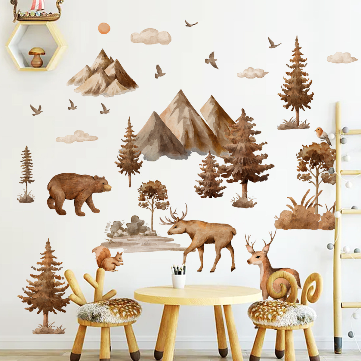 Wholesale Custom Wall Stickers PVC Realistic Mountain Forest Bear Sika Deer Wolf Home Decoration Wall Stickers for Bedroom