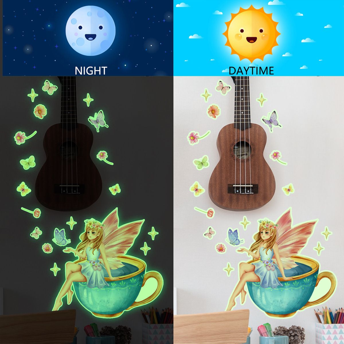 Wholesale Custom Wall Sticker PVC Cartoon Cute Fairy Cup Glow in the Dark Luminous Decorative Wall Stickers for Kids