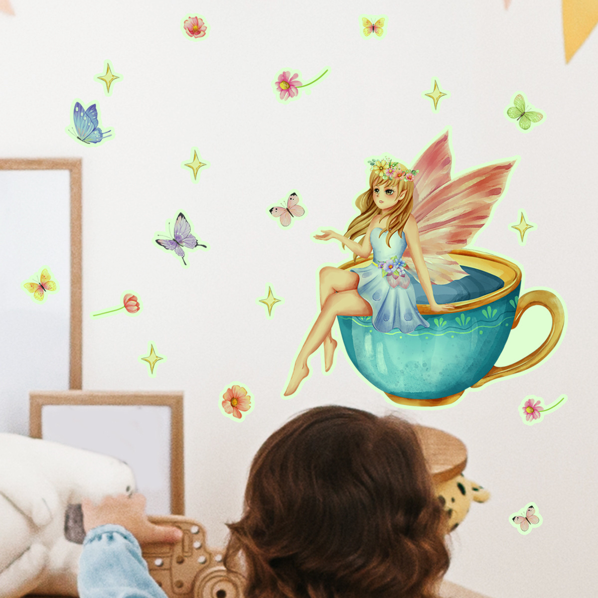 Wholesale Custom Wall Sticker PVC Cartoon Cute Fairy Cup Glow in the Dark Luminous Decorative Wall Stickers for Kids