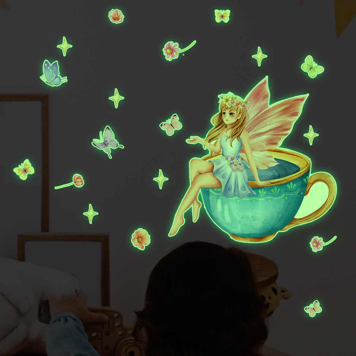 Wholesale Custom Wall Sticker PVC Cartoon Cute Fairy Cup Glow in the Dark Luminous Decorative Wall Stickers for Kids