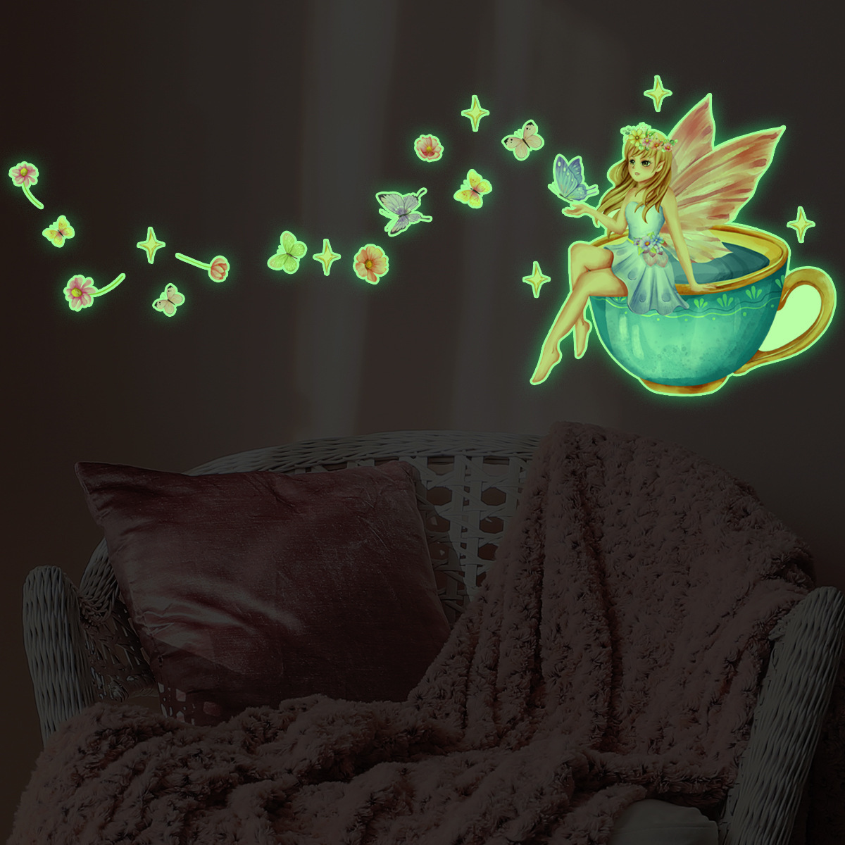 Wholesale Custom Wall Sticker PVC Cartoon Cute Fairy Cup Glow in the Dark Luminous Decorative Wall Stickers for Kids