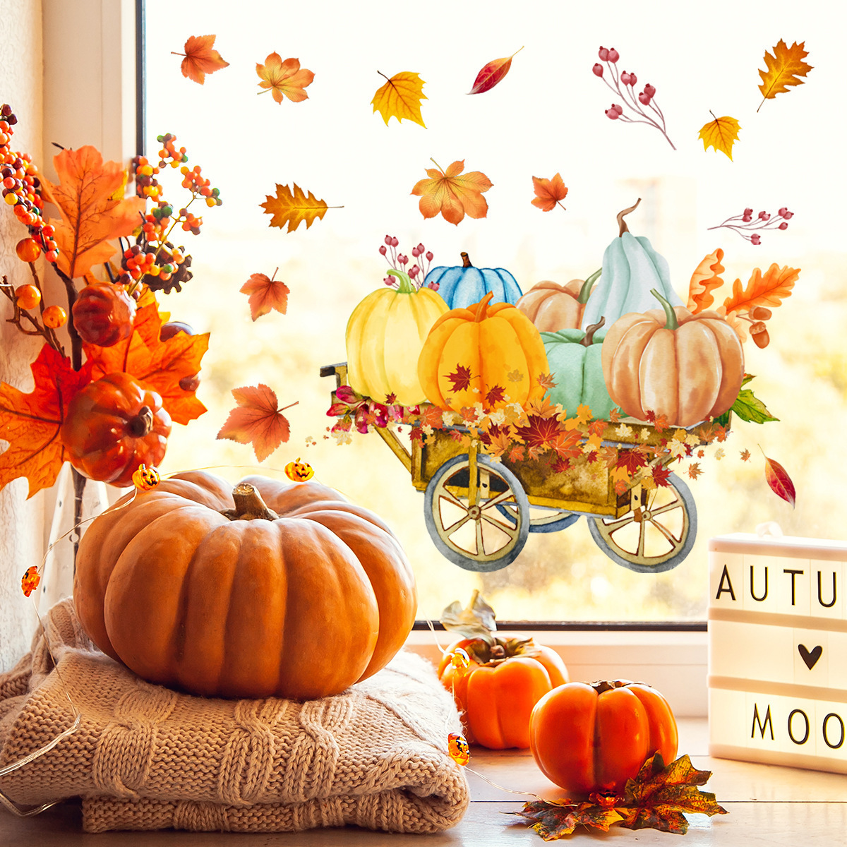 Wholesale Window Sticker Pumpkin Maple Leaf Thanksgiving Day PVC Removable Decorative Glass Window Sticker