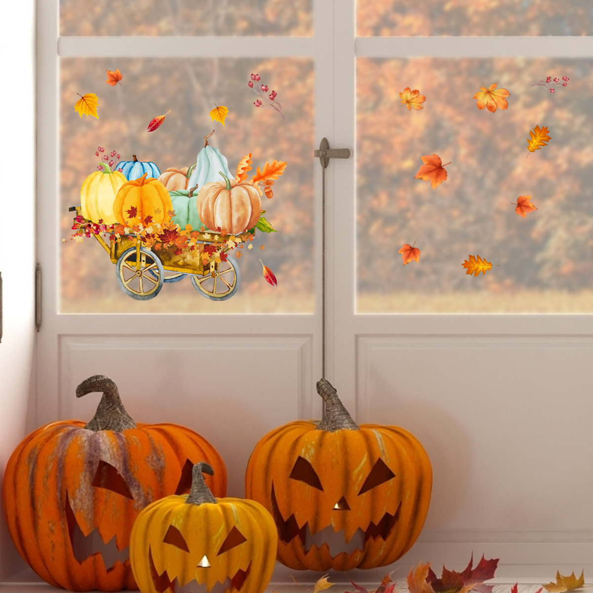 Wholesale Window Sticker Pumpkin Maple Leaf Thanksgiving Day PVC Removable Decorative Glass Window Sticker