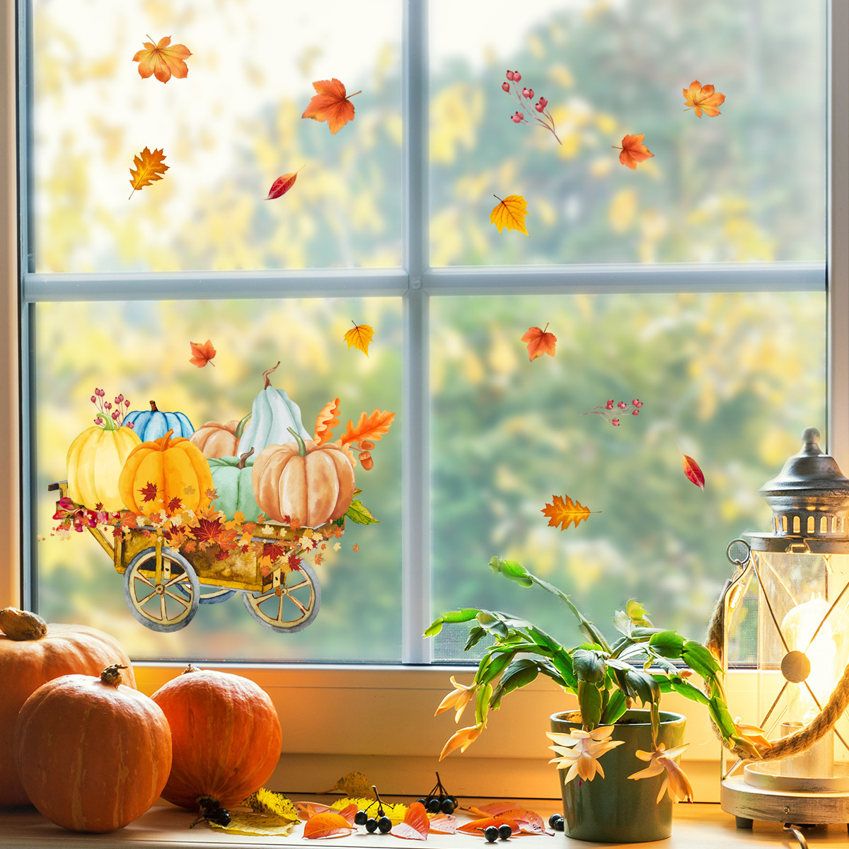 Wholesale Window Sticker Pumpkin Maple Leaf Thanksgiving Day PVC Removable Decorative Glass Window Sticker