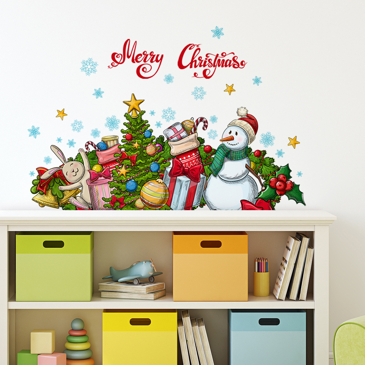 Wholesale Custom Christmas Snowman Gift Tree Removable Kids Decorative Christmas Window Wall Sticker For Bedroom