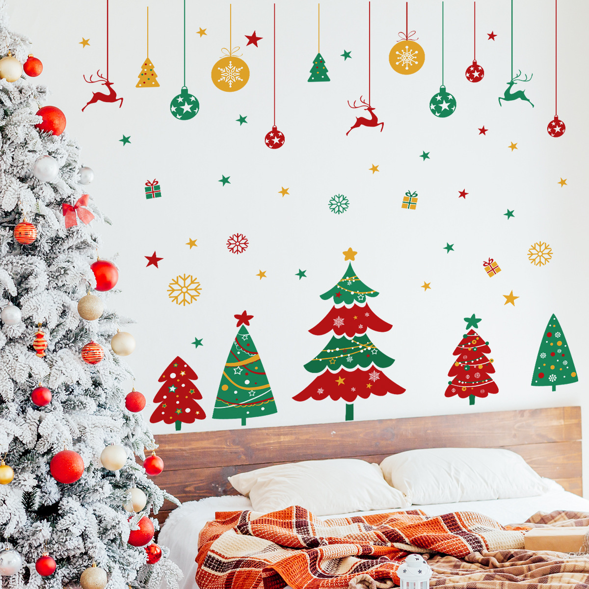 Wholesale Custom PVC Christmas Tree Bells Snow Elk Christmas Window Wall Decor Stickers For Kids