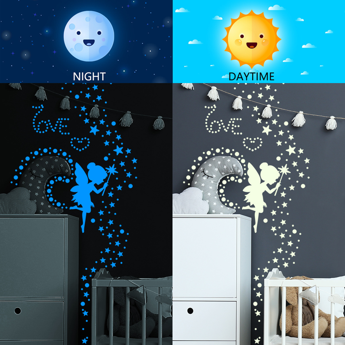 Hot Orange Blue Green Fairy Star Girls Kids Baby Room Glow in the Dark Wall Decorative Stickers for Bedroom