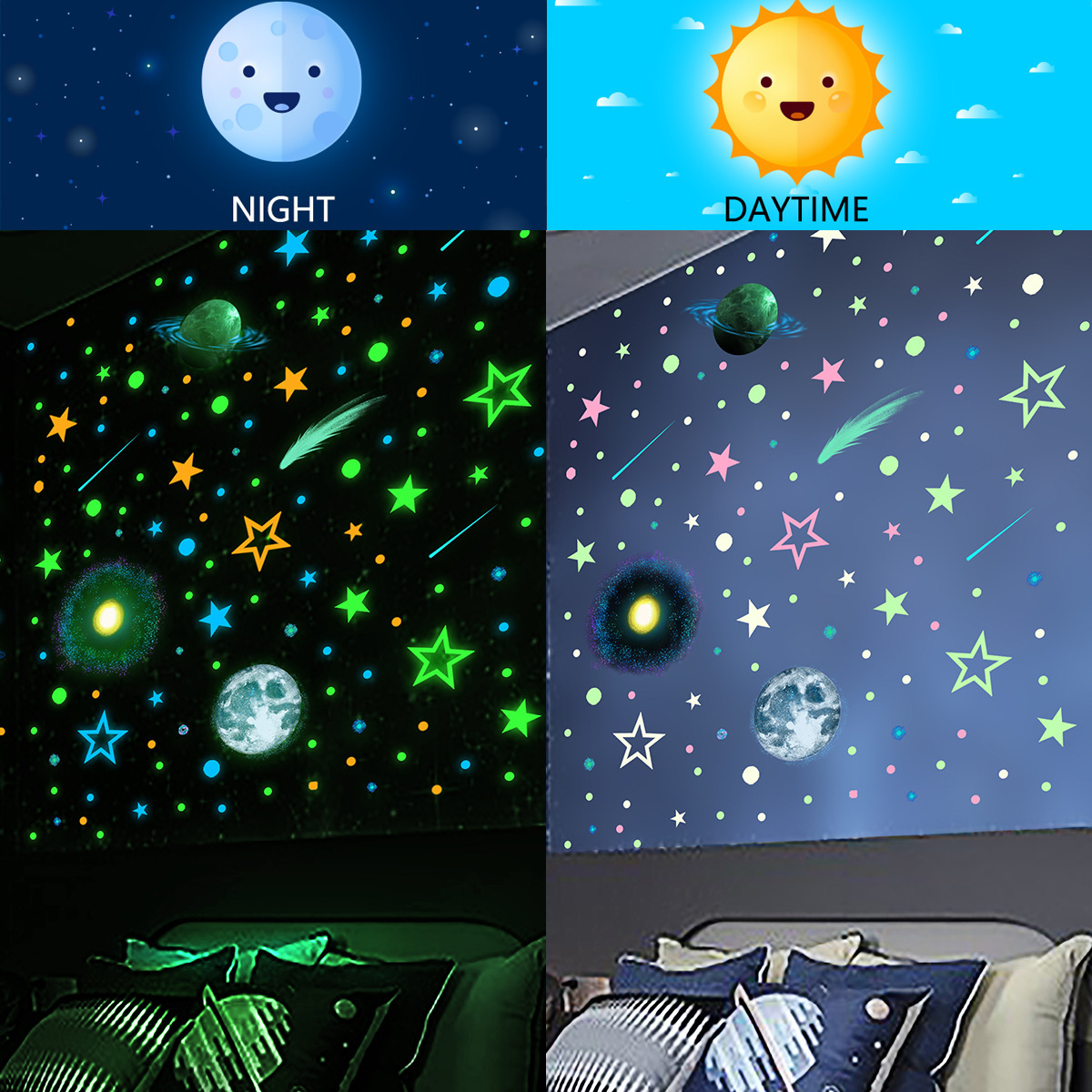 Wholesale Custom Wall Sticker Stars Planets Fluorescent Luminous Glow in the Dark Wall Decorative Stickers for Kids