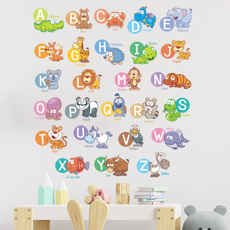 Wholesale Custom PVC Removable Educational Cartoon Animal Alphabet Letter Baby Room Nursery Decorative Wall Sticker For Bedroom