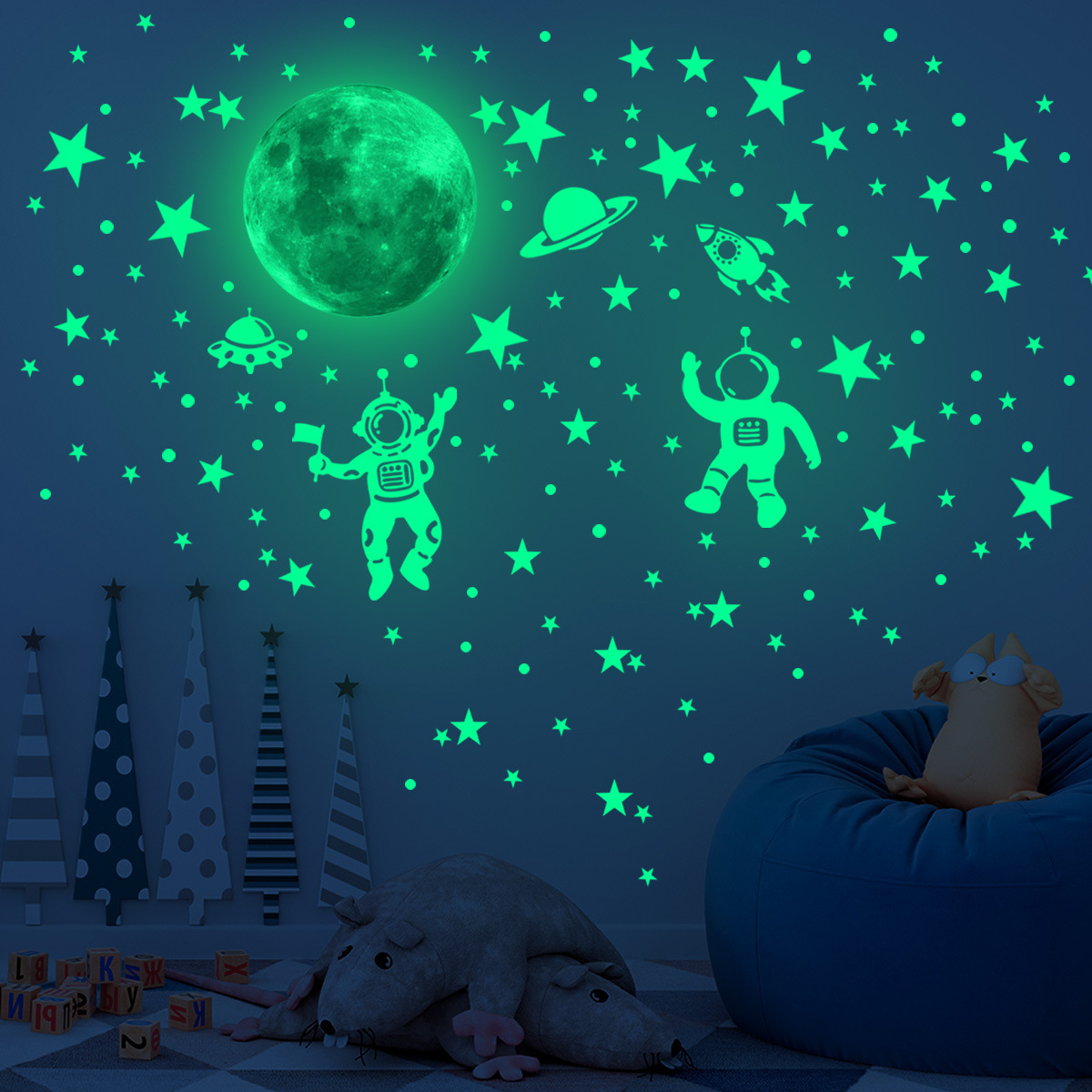 Wholesale Custom Astronaut Exploration Planet Stars Moon Glow in the Dark Decorative Kids Wall Stickers