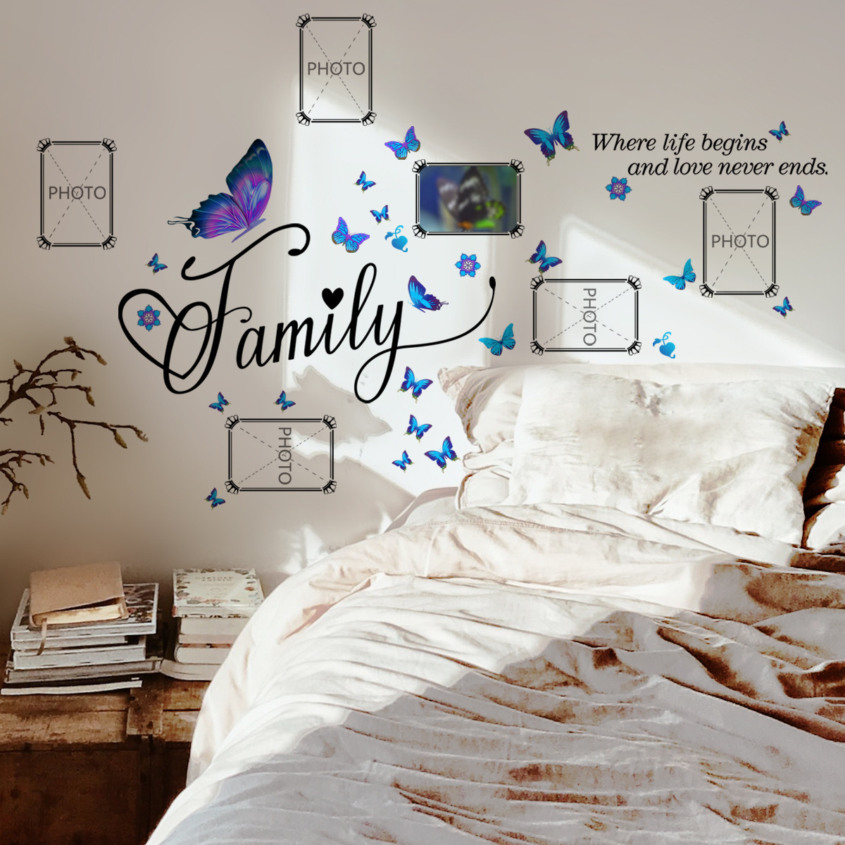 Wholesale Custom PVC Memorable Removable Family Decorative Butterflies Photo Frame Wall Sticker For Bedroom