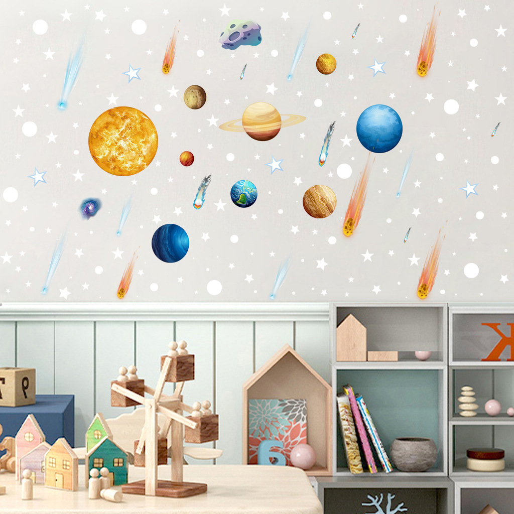 Wholesale Custom PVC Removable Nine Planets Stars Moon Luminous Glow in the Dark Decorative Wall Sticker for Kids Room