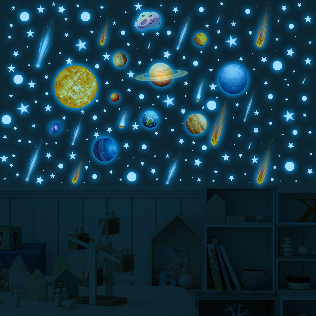 Wholesale Custom PVC Removable Nine Planets Stars Moon Luminous Glow in the Dark Decorative Wall Sticker for Kids Room