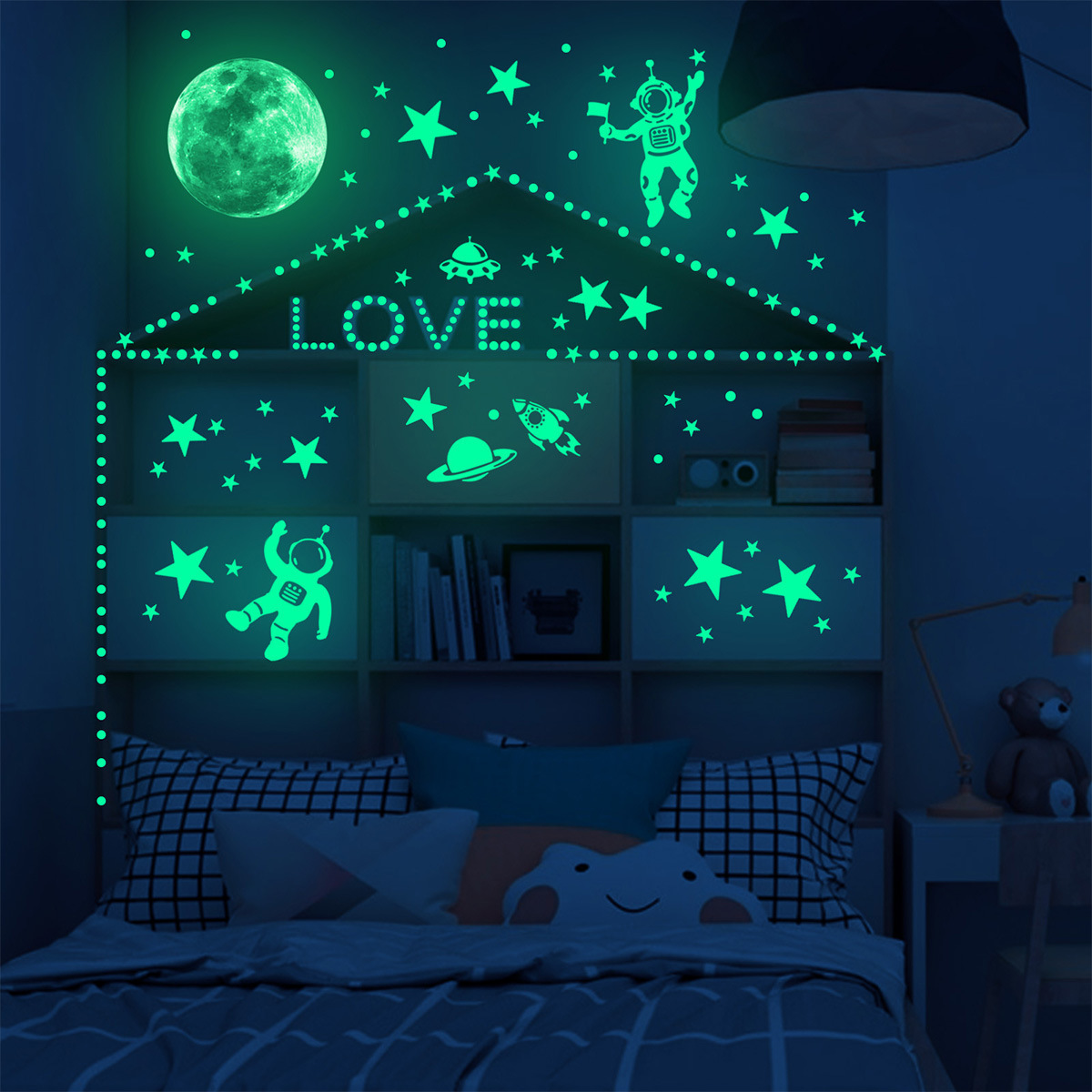 Wholesale Custom Astronaut Exploration Planet Stars Moon Glow in the Dark Decorative Kids Wall Stickers