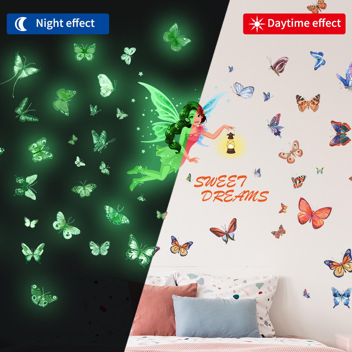 Wholesale Custom Cartoon Luminous Glow in the Dark Butterfly Fairy Wall Decorative Sticker for Kids Bedroom