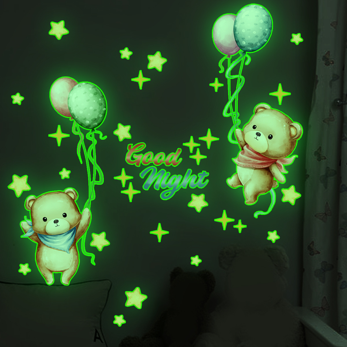 Wholesale Custom Wall Stickers PVC Removable Good Night Balloon Bear Glow in the Dark Kids Wall Stickers For Bedroom