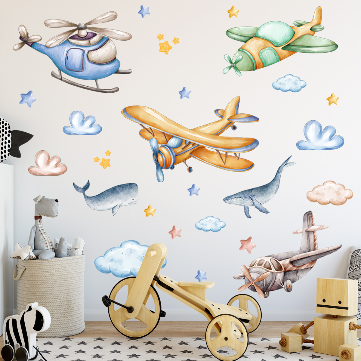 Wholesale Custom Wall Stickers PVC Cute Cartoon Airplane Whale Home Decoration Nursery Kids Wall Stickers for Bedroom