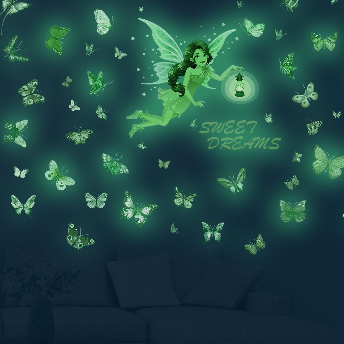 Wholesale Custom Cartoon Luminous Glow in the Dark Butterfly Fairy Wall Decorative Sticker for Kids Bedroom