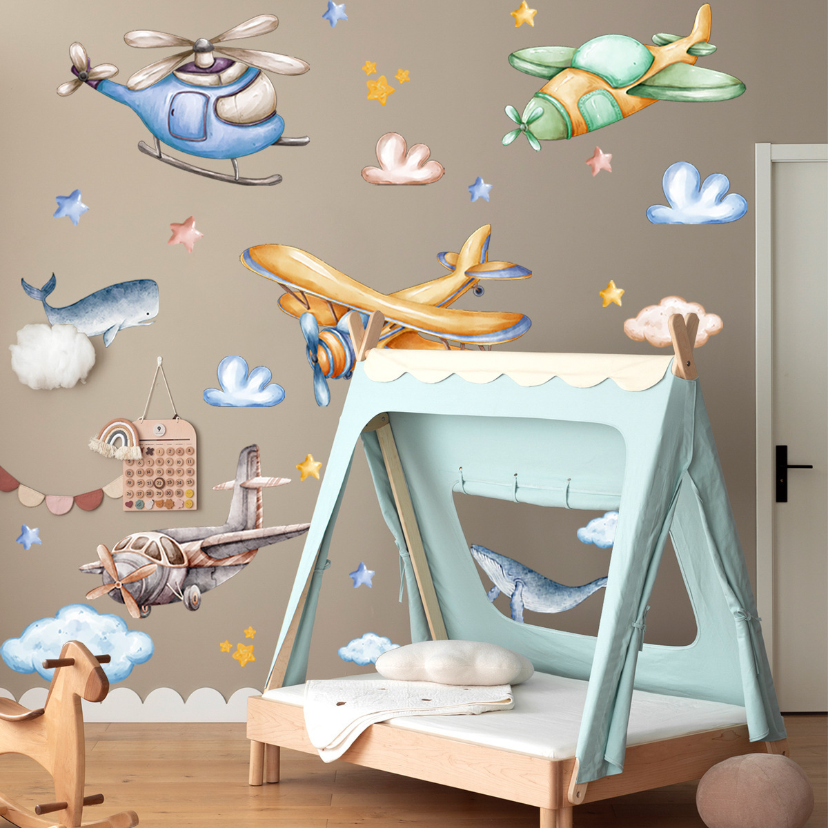 Wholesale Custom Wall Stickers PVC Cute Cartoon Airplane Whale Home Decoration Nursery Kids Wall Stickers for Bedroom