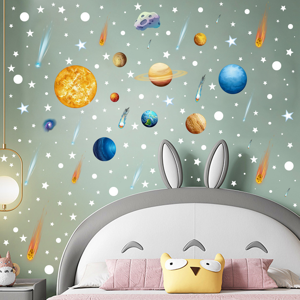 Wholesale Custom PVC Removable Nine Planets Stars Moon Luminous Glow in the Dark Decorative Wall Sticker for Kids Room