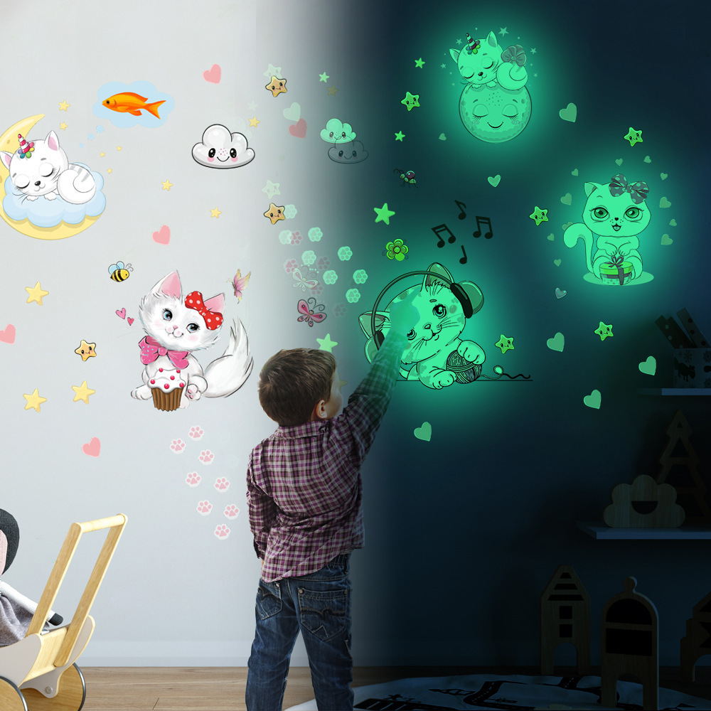 Wholesale Custom Wall Sticker PVC Removable Cute Cartoon Luminous Glow in the Dark Cat Wall Stickers for Kids Room