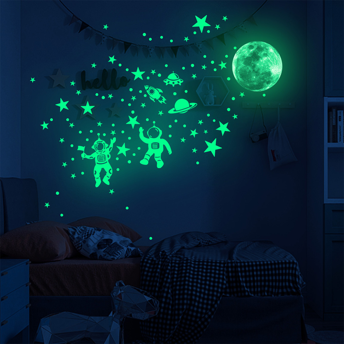 Wholesale Custom Astronaut Exploration Planet Stars Moon Glow in the Dark Decorative Kids Wall Stickers