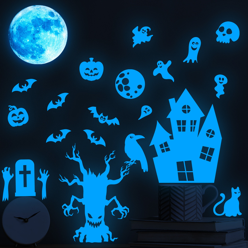 Wholesale Custom Wall Stickers Moon Ghost PVC Glow in the Dark Halloween Decorative Window Wall Stickers for Kids