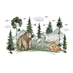 Wholesale Custom Wall Stickers PVC Realistic Watercolor Mountain Forest Bear Sika Deer Wolf Kids Wall Stickers Home Decoration