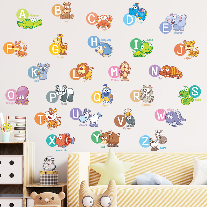 Wholesale Custom PVC Removable Educational Cartoon Animal Alphabet Letter Baby Room Nursery Decorative Wall Sticker For Bedroom