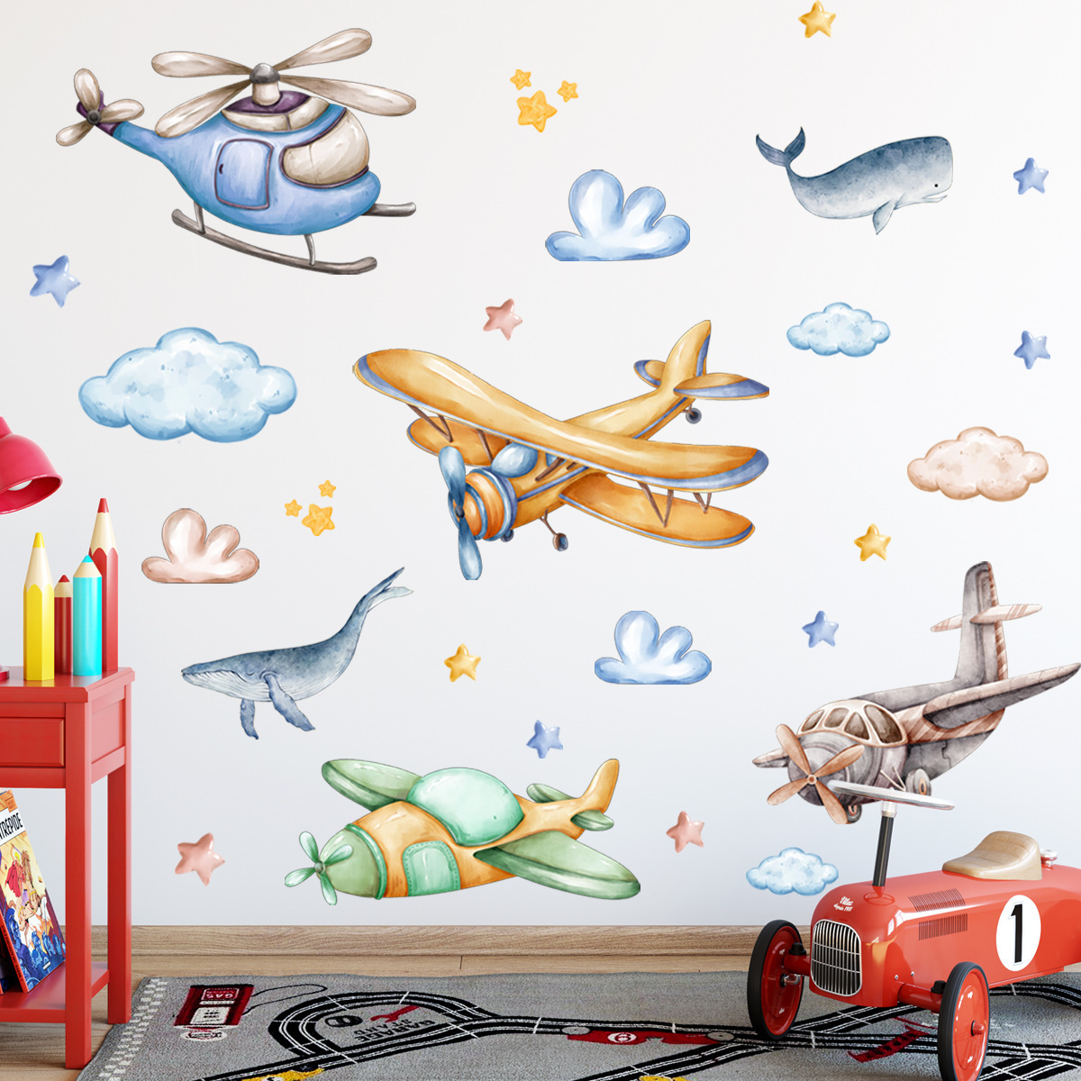 Wholesale Custom Wall Stickers PVC Cute Cartoon Airplane Whale Home Decoration Nursery Kids Wall Stickers for Bedroom