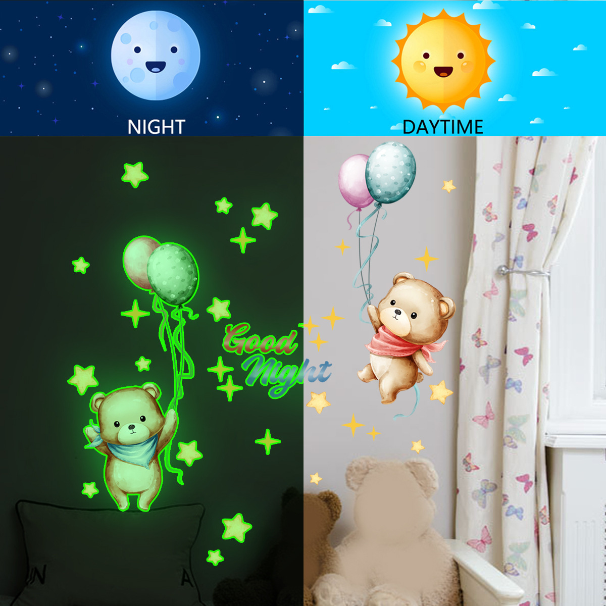 Wholesale Custom Wall Stickers PVC Removable Good Night Balloon Bear Glow in the Dark Kids Wall Stickers For Bedroom