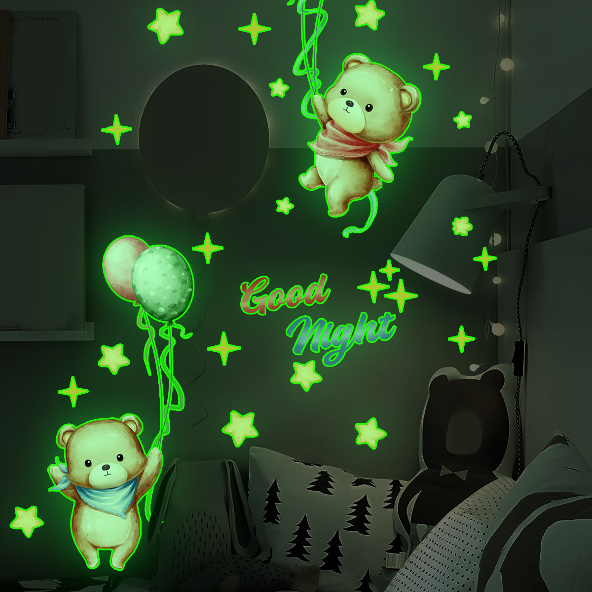 Wholesale Custom Wall Stickers PVC Removable Good Night Balloon Bear Glow in the Dark Kids Wall Stickers For Bedroom