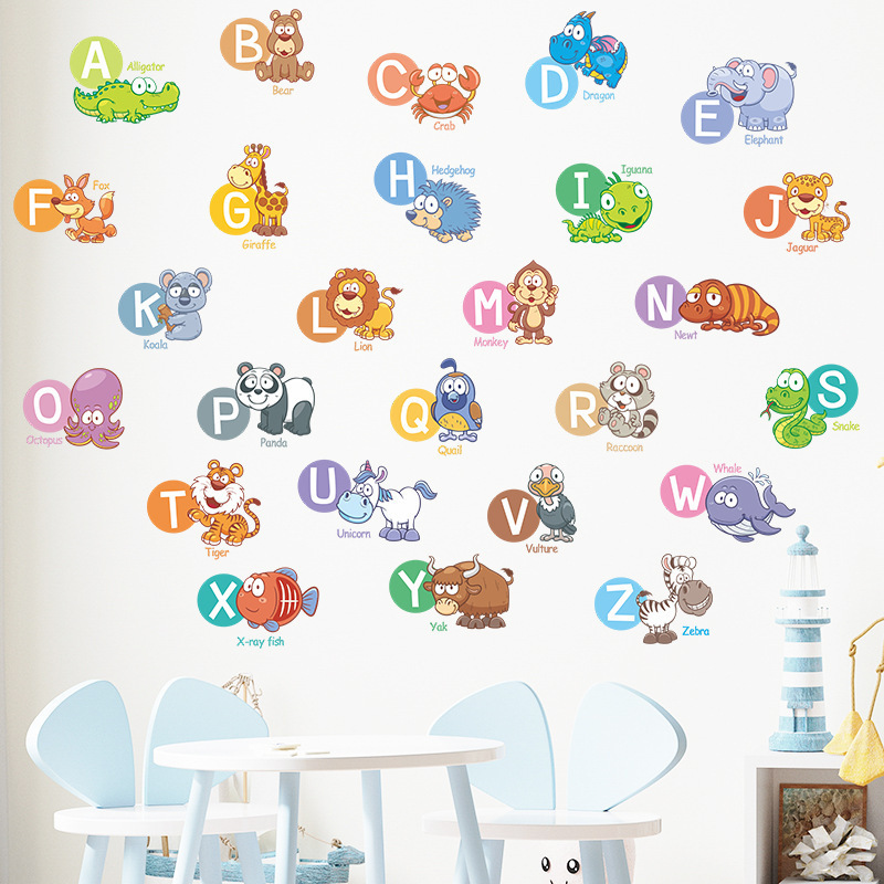 Wholesale Custom PVC Removable Educational Cartoon Animal Alphabet Letter Baby Room Nursery Decorative Wall Sticker For Bedroom