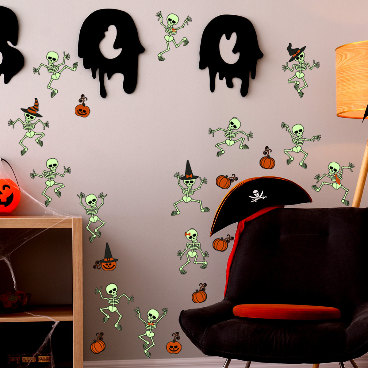 Wholesale Custom PVC Skeleton Pumpkin Glow in the Dark Halloween Decorative Window Wall Stickers for Kids