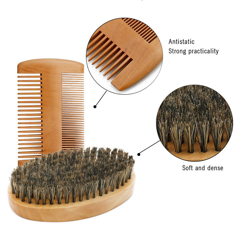 Custom Logo Beard Brush And Comb Set For Men Grooming Natural Boar Bristle Beard Brush Pear Wood Comb Beard Styling Tool As Gift