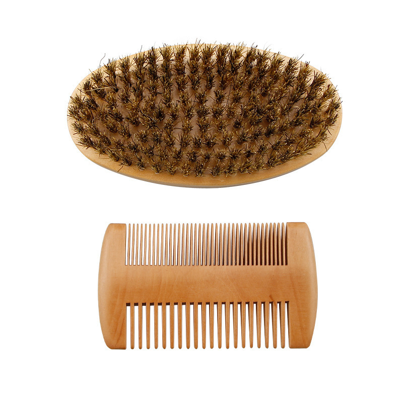 Custom Logo Beard Brush And Comb Set For Men Grooming Natural Boar Bristle Beard Brush Pear Wood Comb Beard Styling Tool As Gift