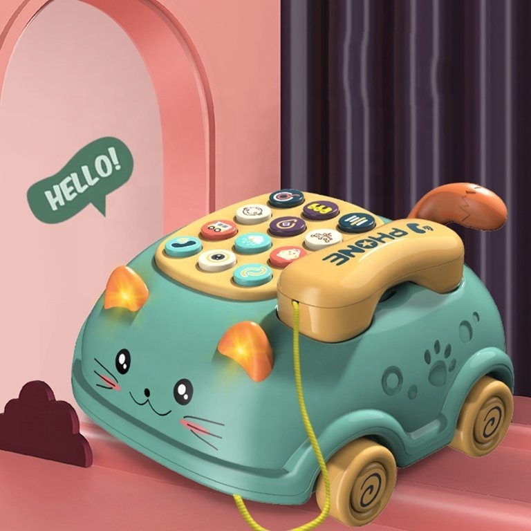 Learning story machine children cat pull cord telephone light music telephone landline toy