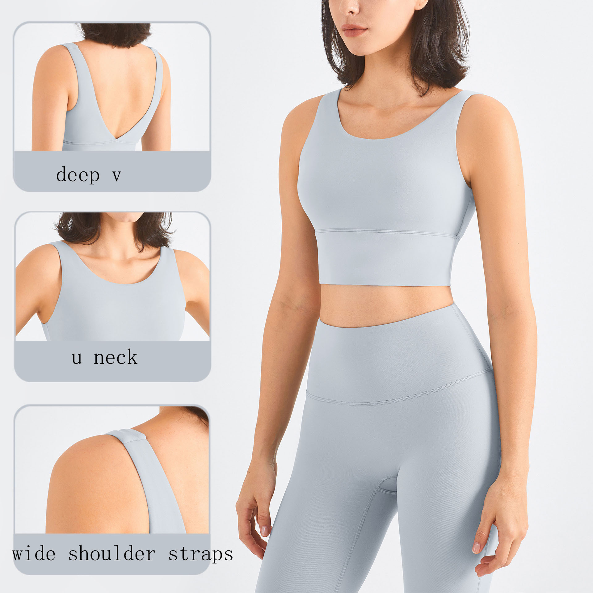 Unique Design Hot Sale Deep V Beautiful Back Sujetador Deportivo U Neck Fixed Wide Shoulder Straps Yoga Womens Sports Bras