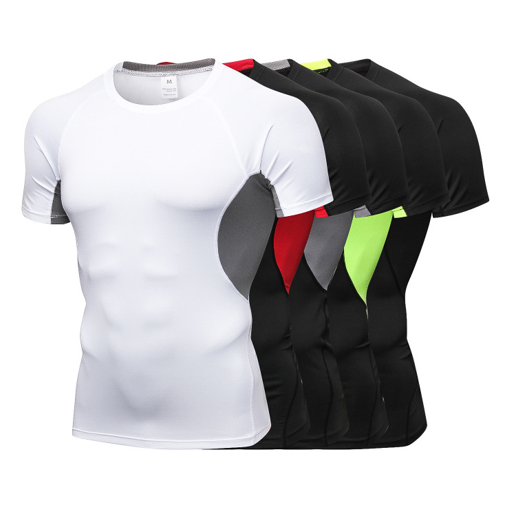 Cheap cool dry men's short sleeve compression training tops tight gym fitness sport t-shirts