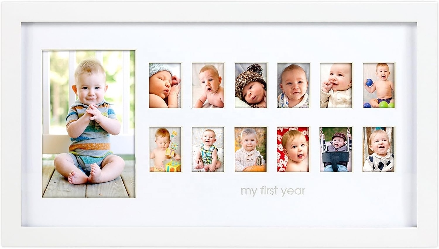 My First Year Photo Moments Baby Keepsake Picture Frame Gender-Neutral Baby Milestone Nursery Wall Decor 13 Photo Inserts