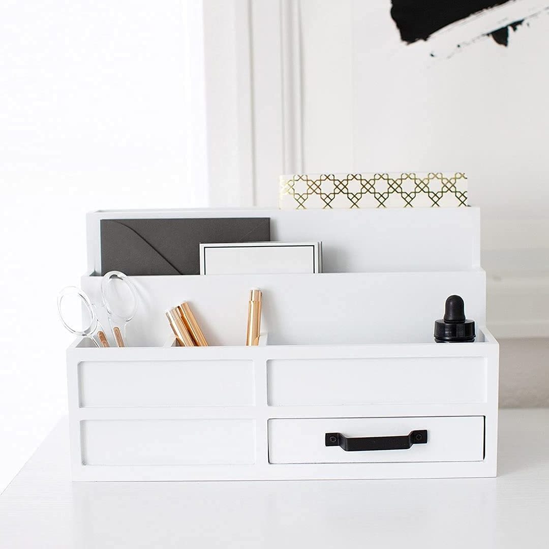 White Desktop Organizer with Drawer and Pen Holder for Office Desk Organization Art Supply Storage