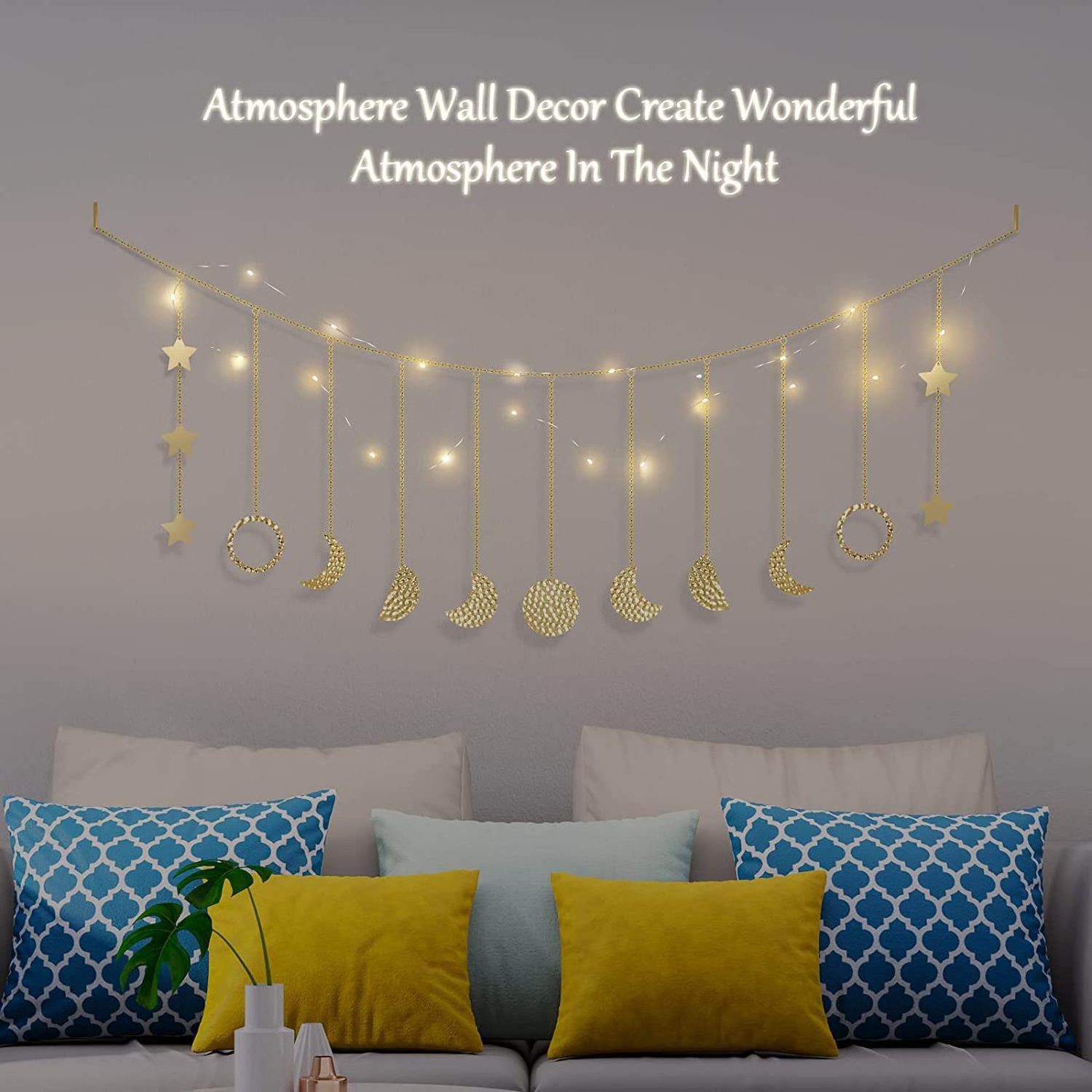 Moon Phase Wall Hanging Room Decor, Handmade Hammered Gold Boho Wall Decor With LED String Lights