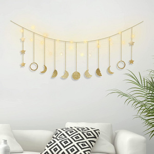 Moon Phase Wall Hanging Room Decor, Handmade Hammered Gold Boho Wall Decor With LED String Lights