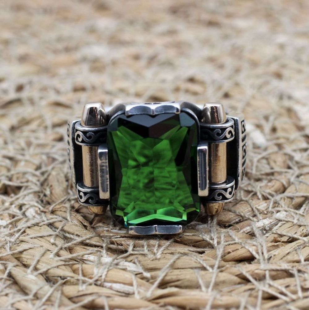 Vintage Ottoman Style Men Ring Jewelry Stainless Steel Handmade Turkish Squared Green Cubic Zirconia Stone Ring