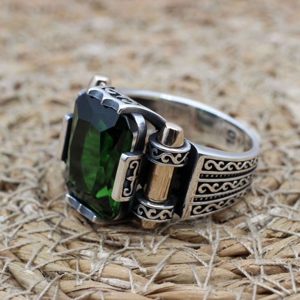 Vintage Ottoman Style Men Ring Jewelry Stainless Steel Handmade Turkish Squared Green Cubic Zirconia Stone Ring