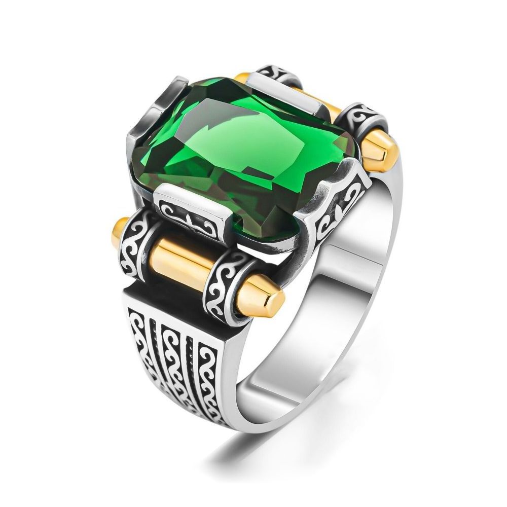 Vintage Ottoman Style Men Ring Jewelry Stainless Steel Handmade Turkish Squared Green Cubic Zirconia Stone Ring