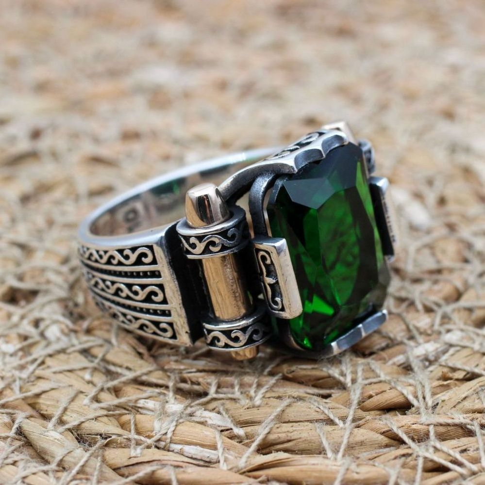 Vintage Ottoman Style Men Ring Jewelry Stainless Steel Handmade Turkish Squared Green Cubic Zirconia Stone Ring