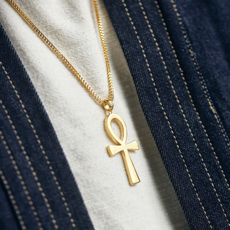 Wholesale Ancient Egyptian Hieroglyphic Symbol Jewelry 18k Gold Plated Stainless Steel Ankh Cross Pendant Necklaces For Men